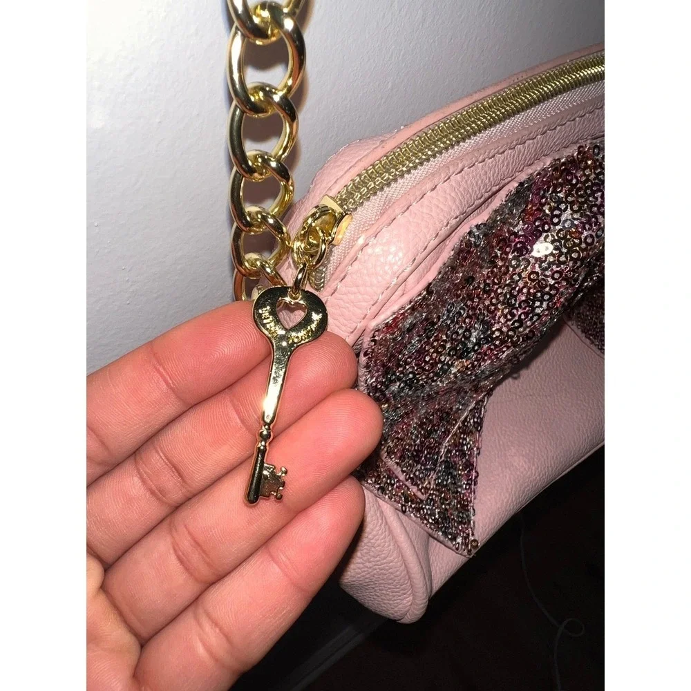 RARE Betsey Johnson Coquette Pink Sequins Bow Crossbody Bag Gold Heart Bag Charm